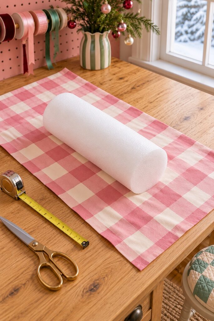 A white foam cylinder lies centered on a pink and cream checked fabric rectangle beside a measuring tape
