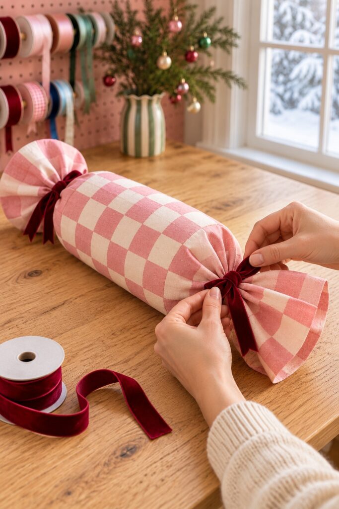Hands tie burgundy ribbon around a gathered pink checked candy wrapper end while the other end is already tied