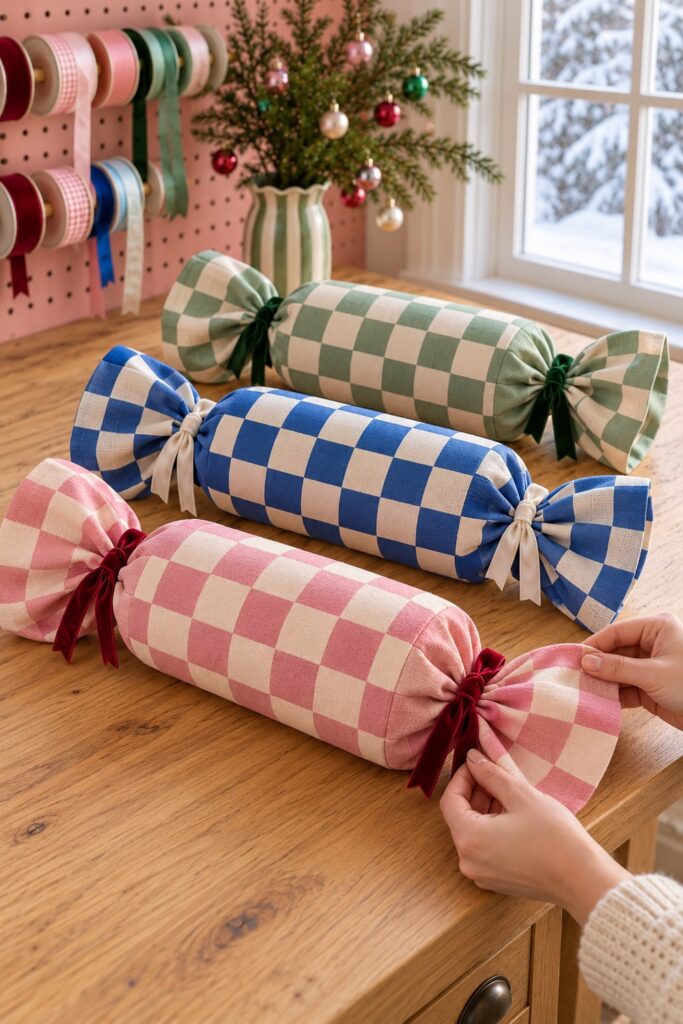 Hands spread the pink checked wrapper tail beside completed blue and sage fabric candy decorations