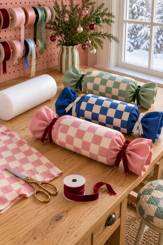 Pink blue and sage checkerboard candy props with solid gathered ends rest beside a white foam cylinder and fabric scissors