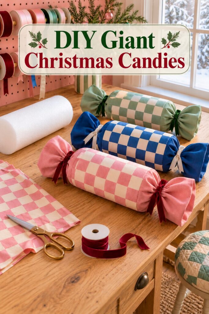 Oversized fabric candy decorations on a workbench beneath a banner reading DIY Giant Christmas Candies