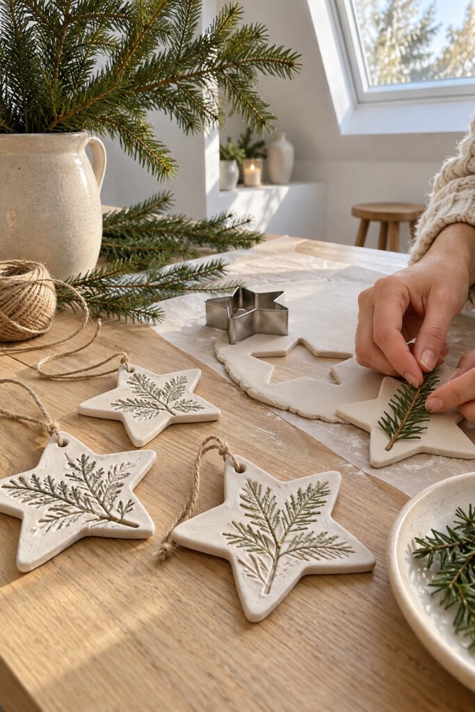 Hands pressing an evergreen sprig into a white clay star beside finished botanical ornaments and natural twine