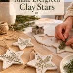 White botanical clay star ornaments on a craft table beneath the words Make Evergreen Clay Stars