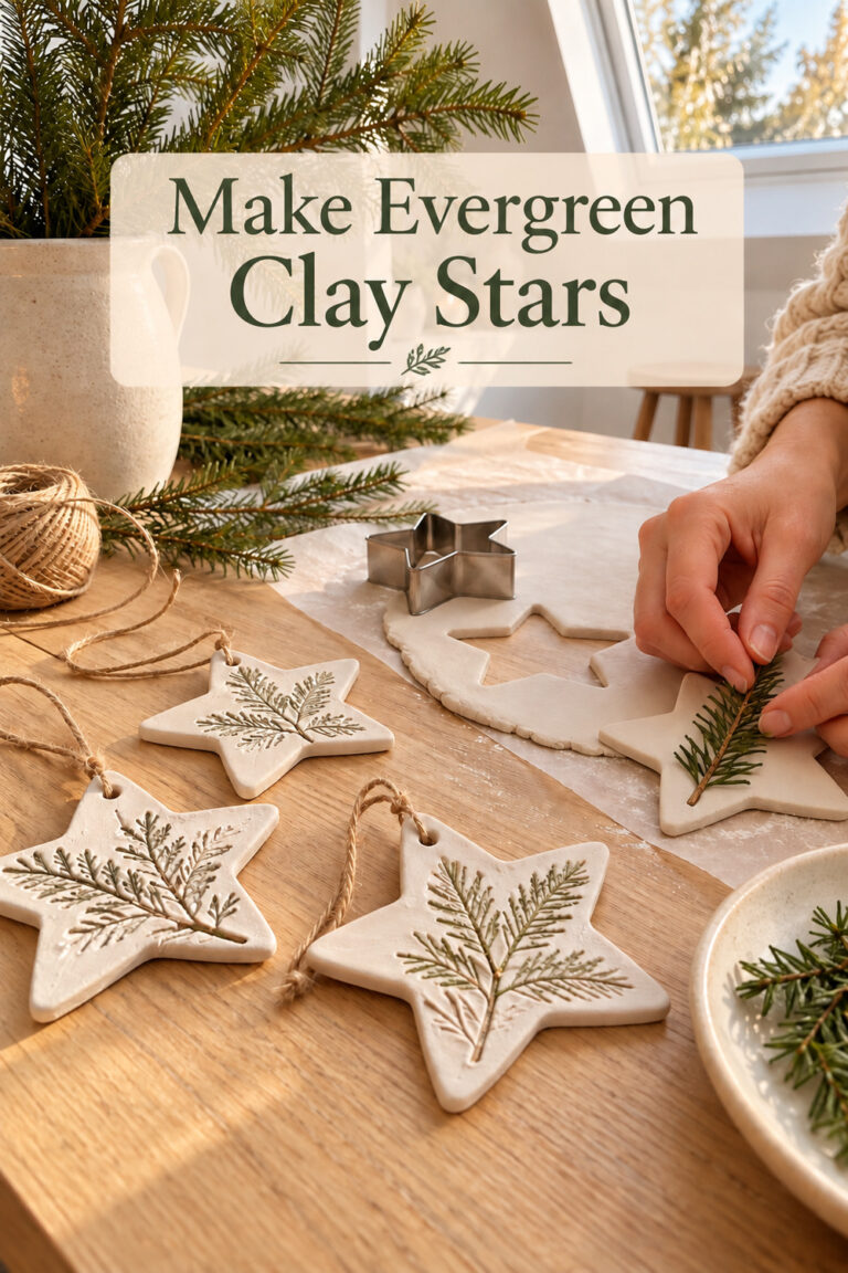 White botanical clay star ornaments on a craft table beneath the words Make Evergreen Clay Stars