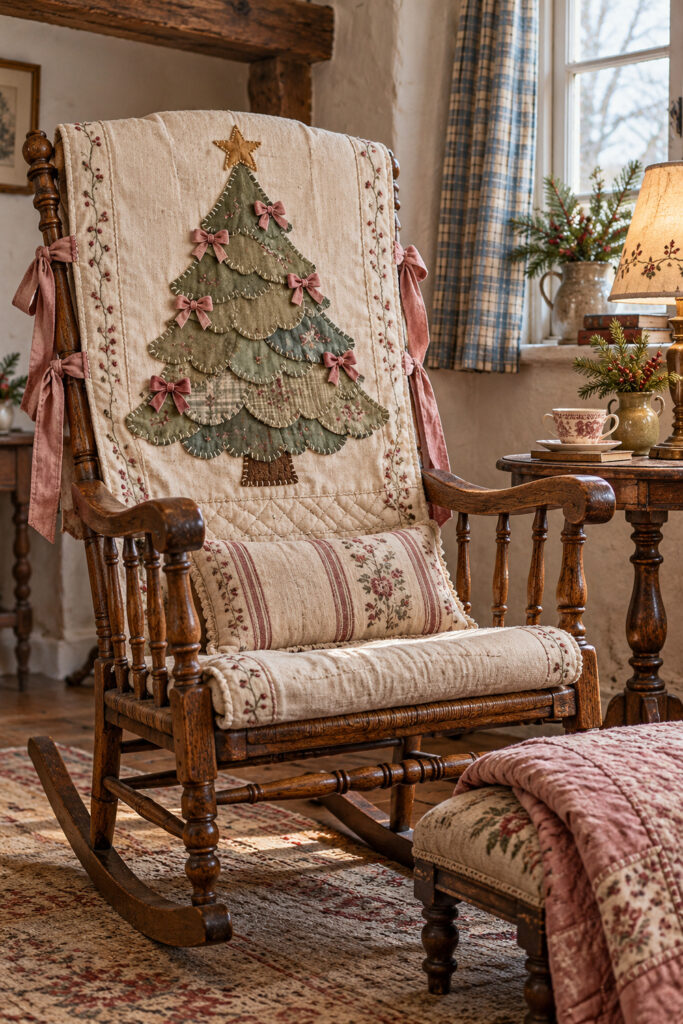 Cream Christmas chair cover with a layered green tree applique rose bows and a gold star on an oak rocker