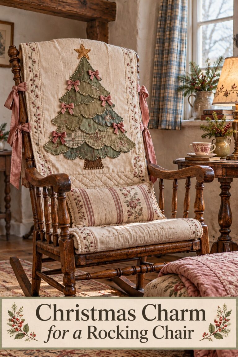 Cream Christmas chair cover with a layered green tree applique rose bows and a gold star on an oak rocker with text Christmas Charm for a Rocking Chair