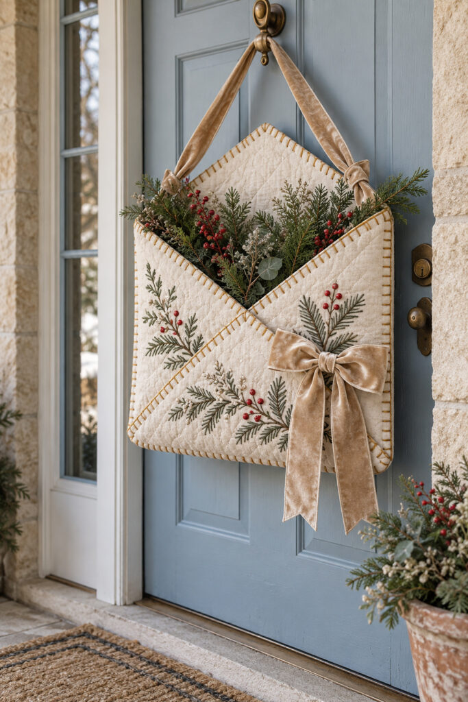 Ivory embroidered envelope door pocket filled with evergreen sprigs and red berries on a powder blue door