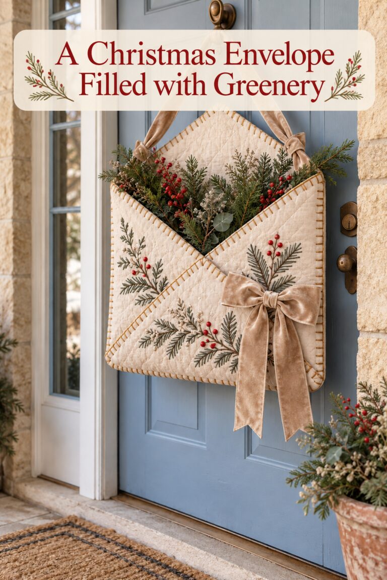 Christmas envelope filled with greenery headline above an ivory stitched door pocket with a champagne velvet bow
