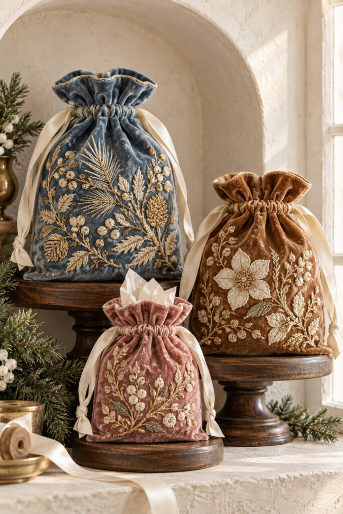 Blue caramel and rose embroidered velvet Christmas gift sacks with cream ribbons displayed on wood risers