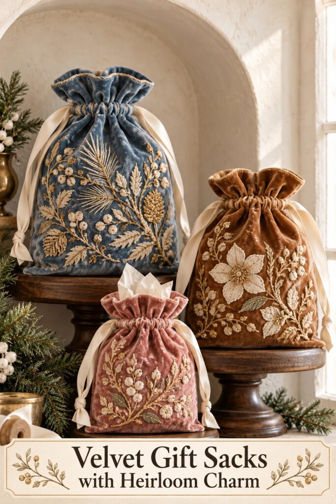 Blue caramel and rose embroidered velvet Christmas gift sacks with cream ribbons displayed on wood risers with text Velvet Gift Sacks with Heirloom Charm