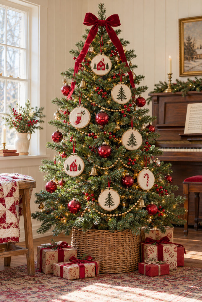 Christmas tree with cream embroidery hoop ornaments red baubles gold beads and a red velvet bow above a woven base