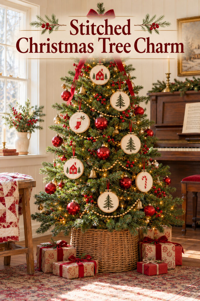 Stitched Christmas Tree Charm headline over a tree decorated with wooden hoop ornaments and glossy red baubles