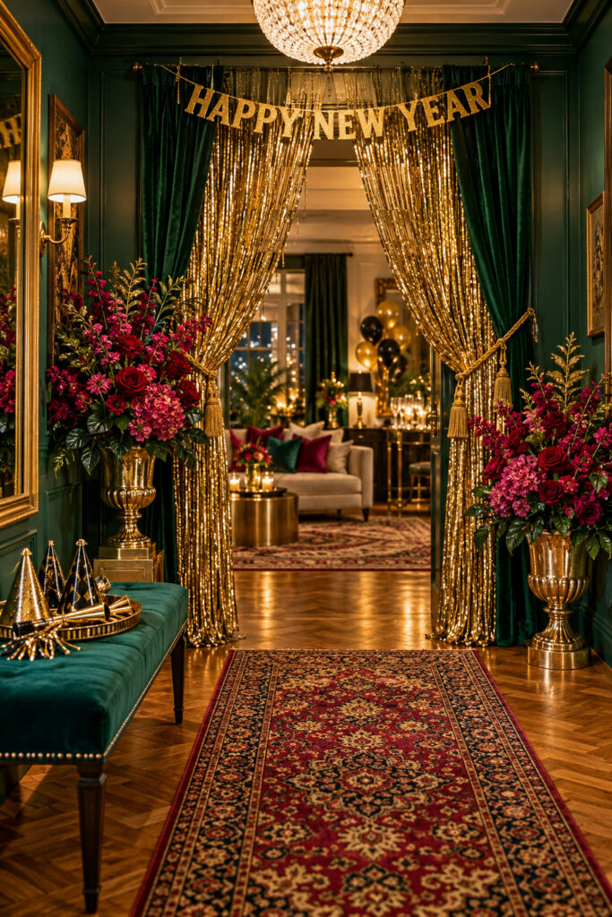 Emerald New Years Eve doorway framed with gold fringe pink flower arrangements and a Happy New Year banner