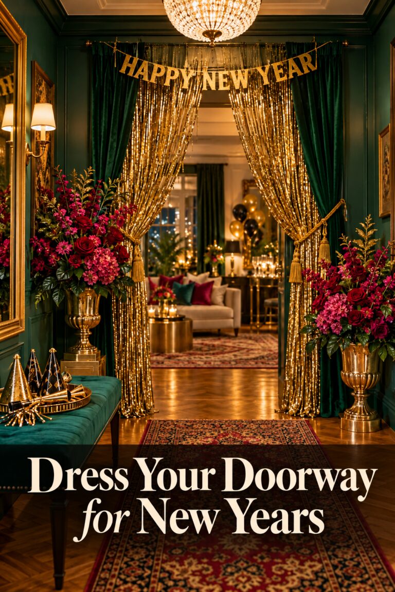 Gold fringe doorway and party hats with cream lettering reading Dress Your Doorway for New Years