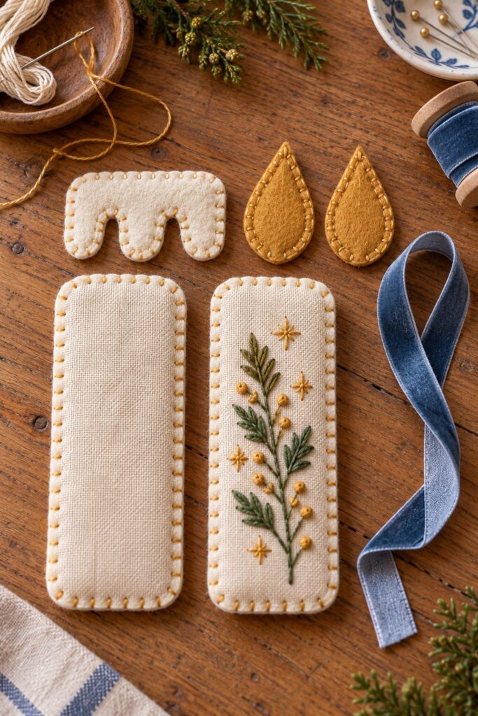 Decorated linen candle front and plain backed panel beside cream wax cap gold felt flame pieces and blue ribbon