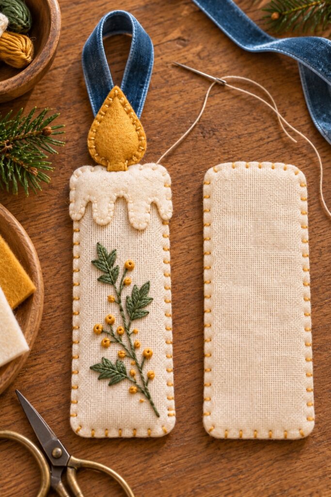 Flat embroidered candle front with felt wax cap gold flame and blue hanging loop beside a plain rectangular back panel