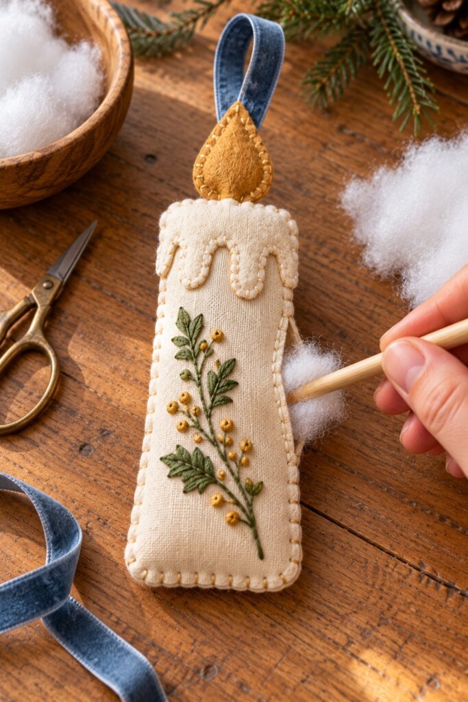 Small amount of fiberfill entering a side opening in a stitched fabric candle ornament with its flame and ribbon attached