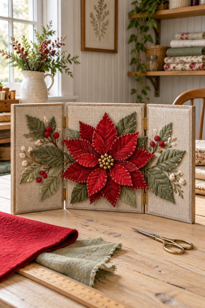 Three hinged linen panels decorated with a layered red fabric poinsettia sage leaves berries and ivory edge stitching