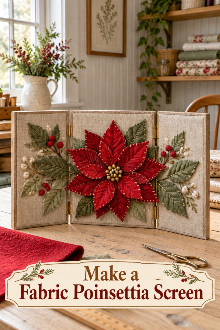 Red fabric poinsettia on a linen triptych with the headline Make a Fabric Poinsettia Screen