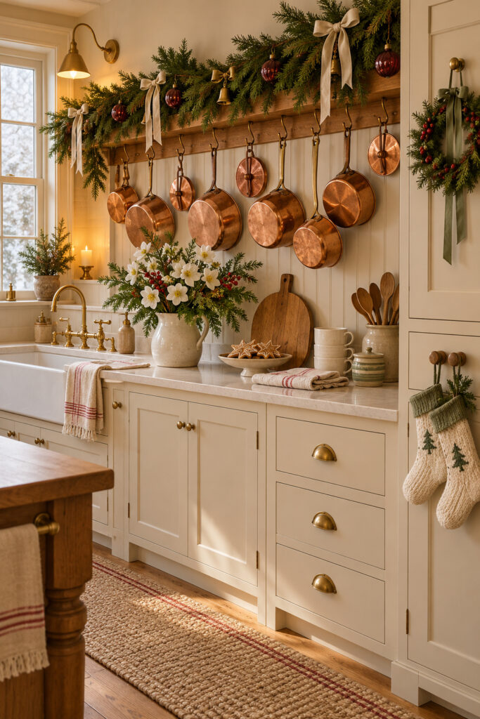 Christmas kitchen with copper pans hanging beneath cedar garland cream bows bells and burgundy ornaments