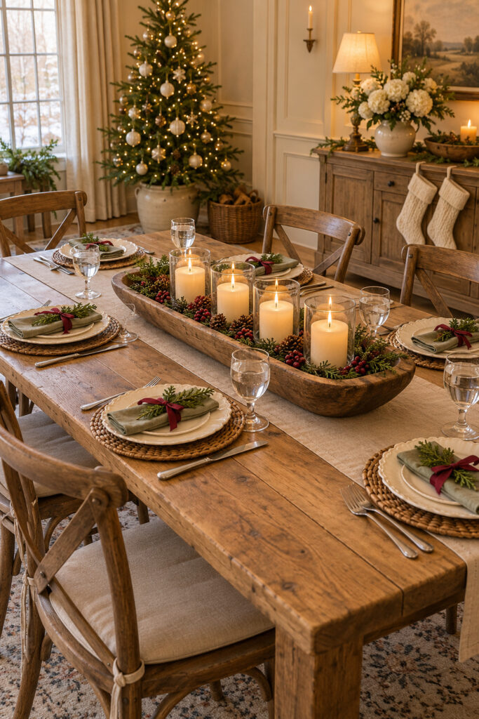 Christmas table with four ivory candles in glass vessels inside a wooden dough bowl with greenery and berries