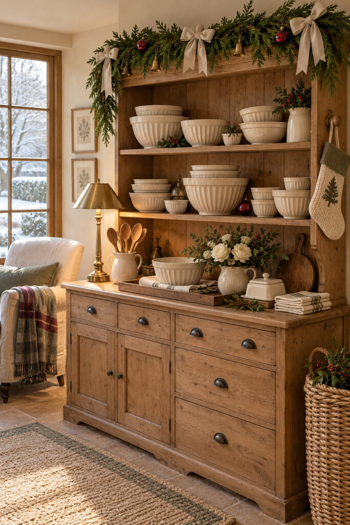 Wooden Christmas hutch displaying stacked ribbed cream bowls beneath cedar garland with pale bows and small bells
