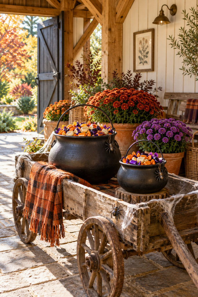 Black candy cauldrons filled with wrapped sweets on a wooden wagon with rust plaid orange mums purple flowers and cobwebs