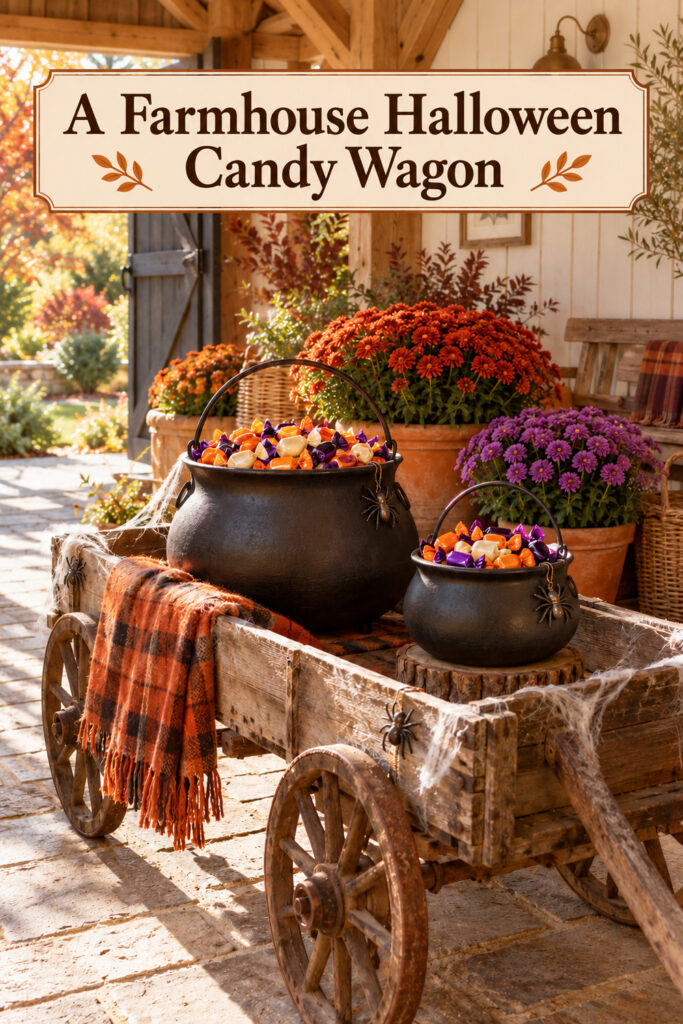 Black candy cauldrons filled with wrapped sweets on a wooden wagon with rust plaid orange mums purple flowers and cobwebs with text reading A Farmhouse Halloween Candy Wagon