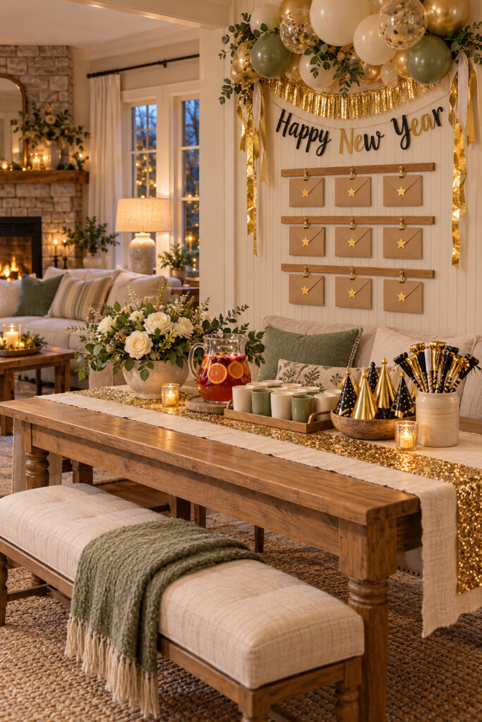 New Years Eve wall with nine kraft envelopes gold stars balloons and a table holding cups punch and party hats