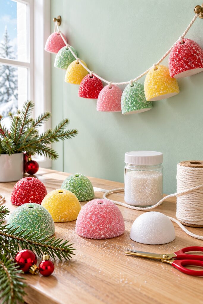 A garland of glitter coated faux gumdrops hangs above a craft table with cotton cord and foam supplies