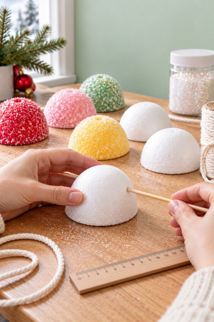 Hands form a horizontal side channel in a white foam dome using a skewer