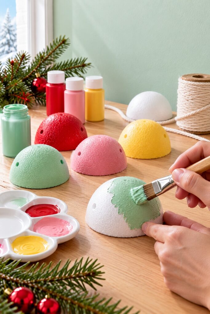 A brush applies mint paint to a foam dome beside pink yellow and red painted pieces