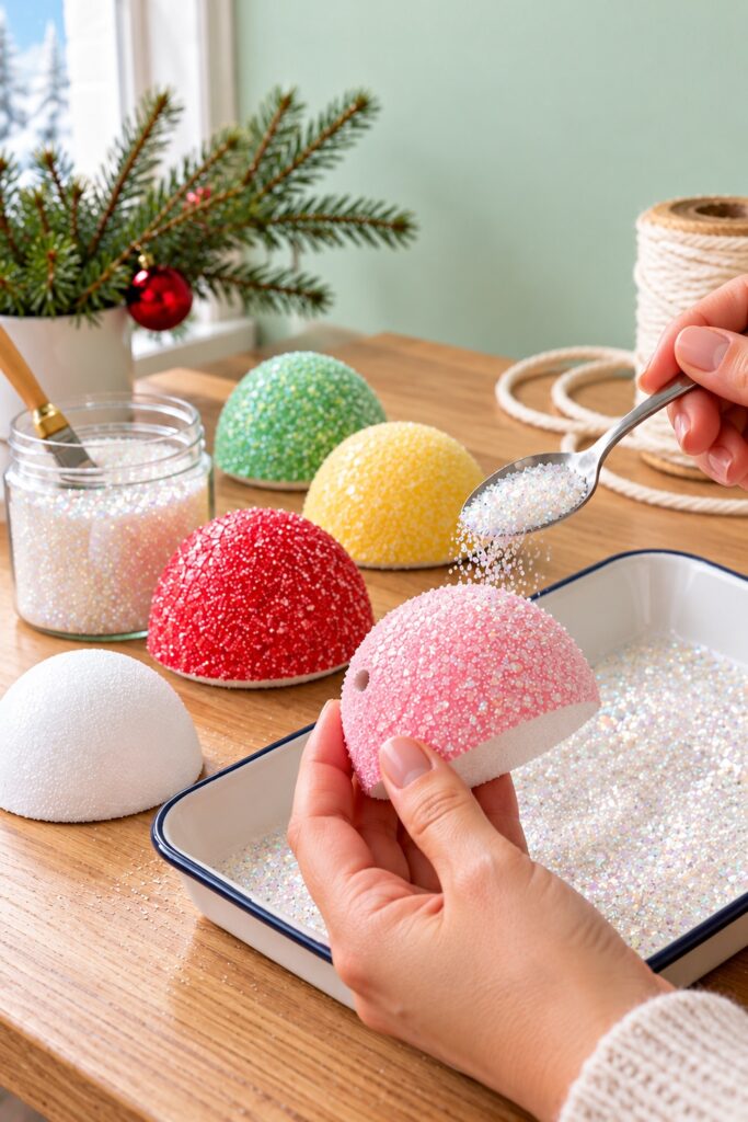 Hands sprinkle iridescent glitter onto a pink foam dome held over a catch tray