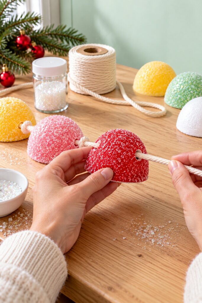 Hands thread cotton cord through a red glittered dome beside other threaded candy colored pieces