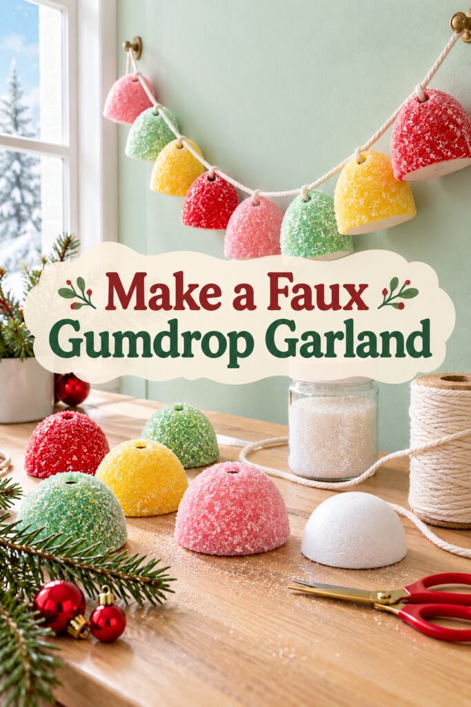 Glittered candy colored foam domes on cotton cord above the words Make a Faux Gumdrop Garland