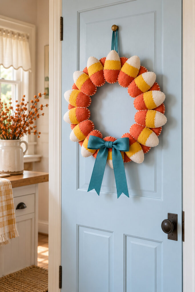 Felt candy corn wreath with a teal bow hanging on a pale blue pantry door