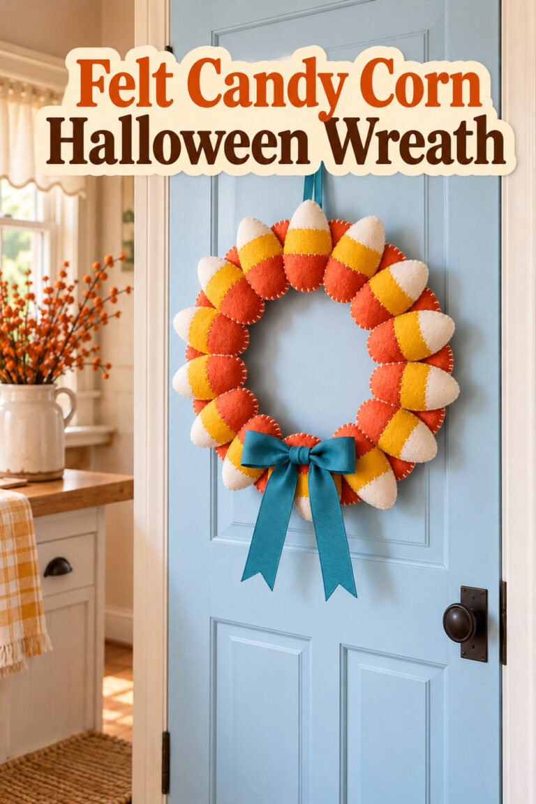 Halloween pantry door wreath with stitched candy corn and text Felt Candy Corn Halloween Wreath