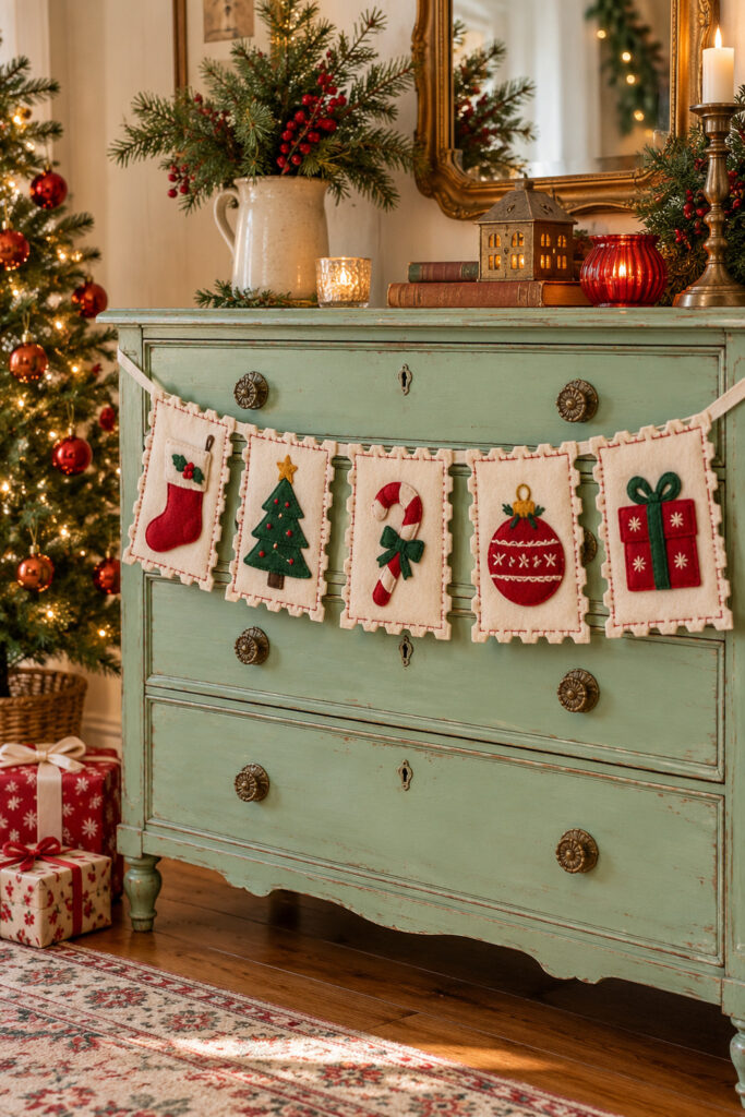 Five scalloped cream felt Christmas stamps with a stocking tree candy cane bauble and gift hang across 