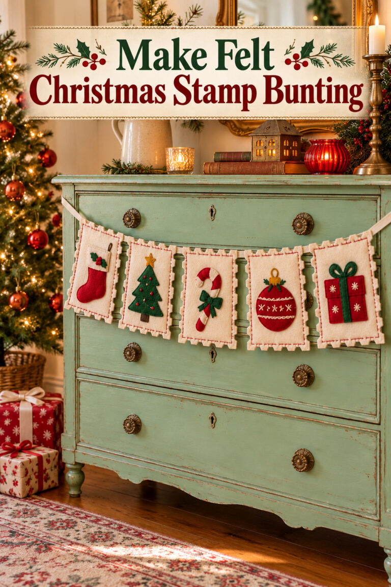 Make Felt Christmas Stamp Bunting headline above five appliqued felt panels hanging across a mint dresser