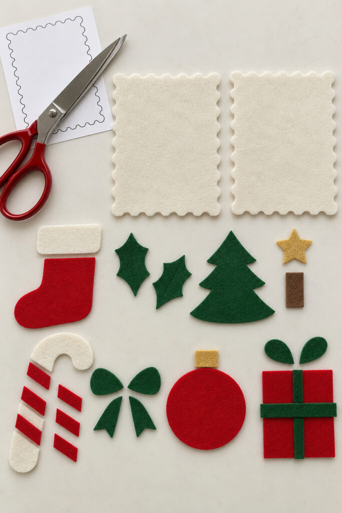 Blank scalloped ivory felt stamp panels beside a paper stencil scissors and separate Christmas motif pieces