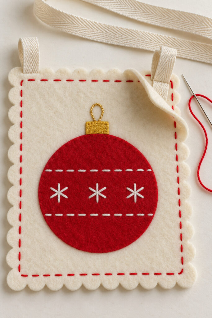 Two ivory tape loops caught between scalloped felt layers with red border stitching around a Christmas bauble panel