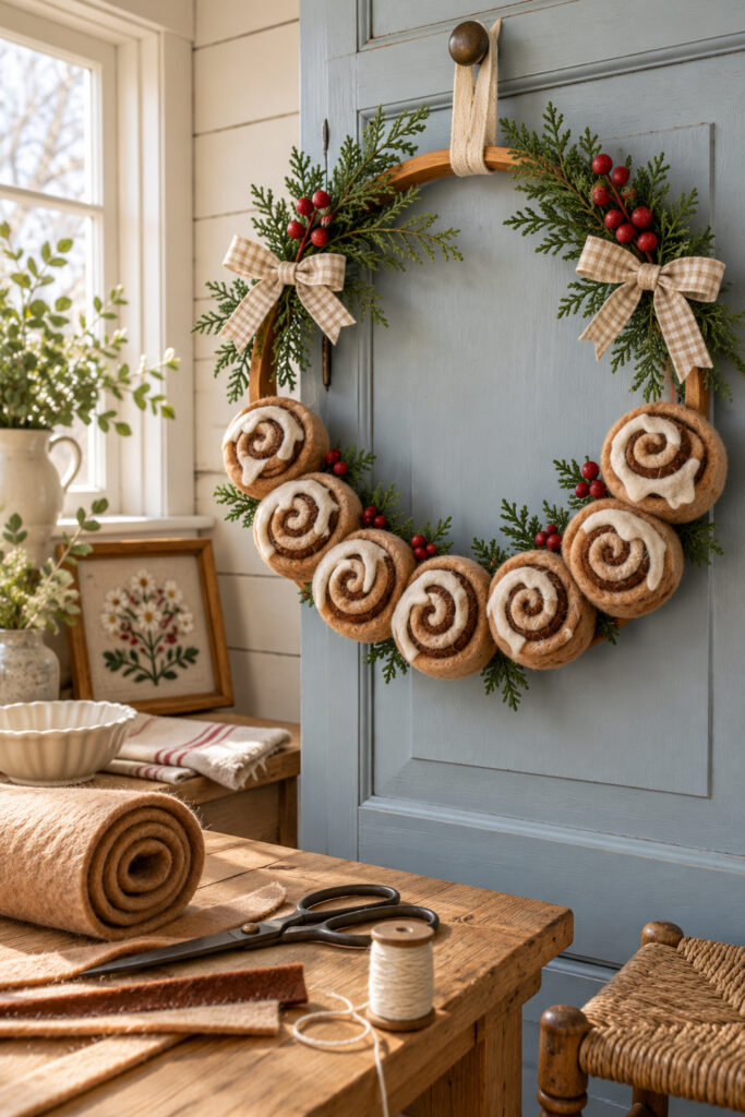 Felt cinnamon roll wreath with ivory icing cedar red berries and gingham bows on a wooden hoop against a blue door