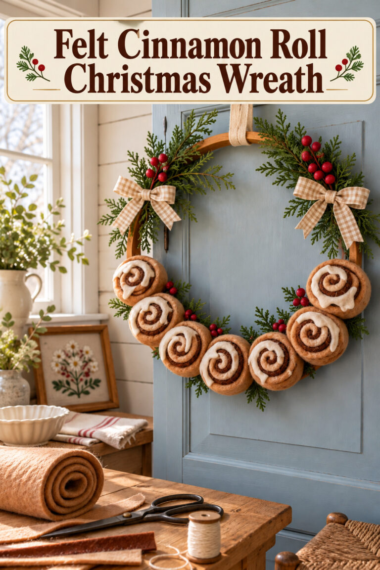 Felt cinnamon roll wreath with ivory icing cedar red berries and gingham bows on a wooden hoop against a blue door with text reading Felt Cinnamon Roll Christmas Wreath