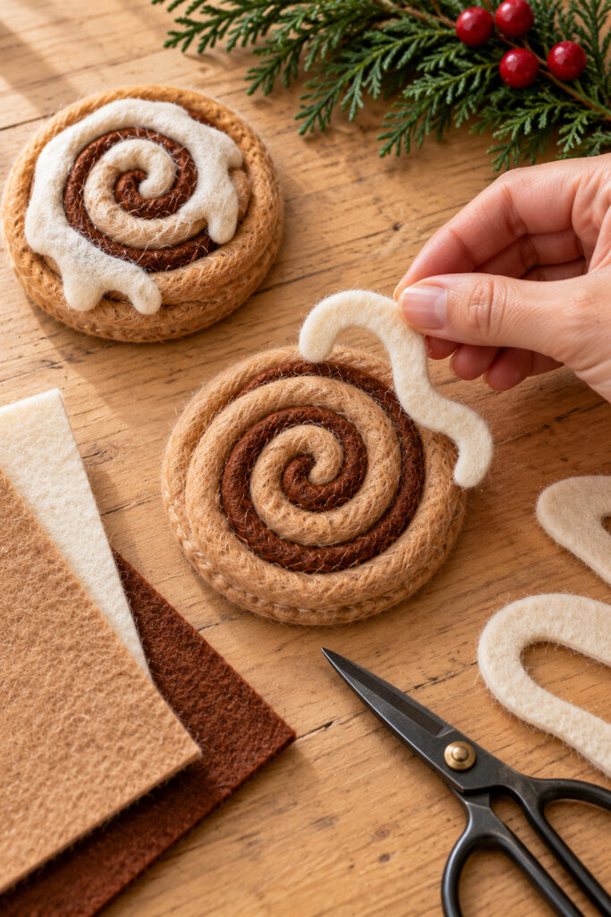 A hand positioning ivory felt icing over a tan and brown spiral beside a completed felt roll