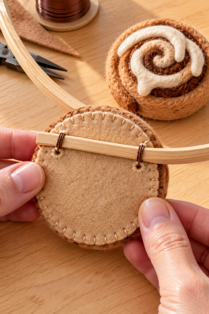 Rear felt backing disk stitched to a cinnamon roll and secured directly to a wooden hoop with brown wire
