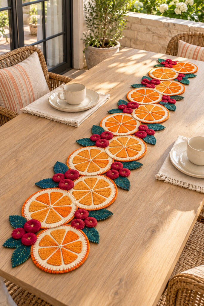 Felt orange slice and cranberry runner with teal leaves on a wood table beside cream cups and saucers