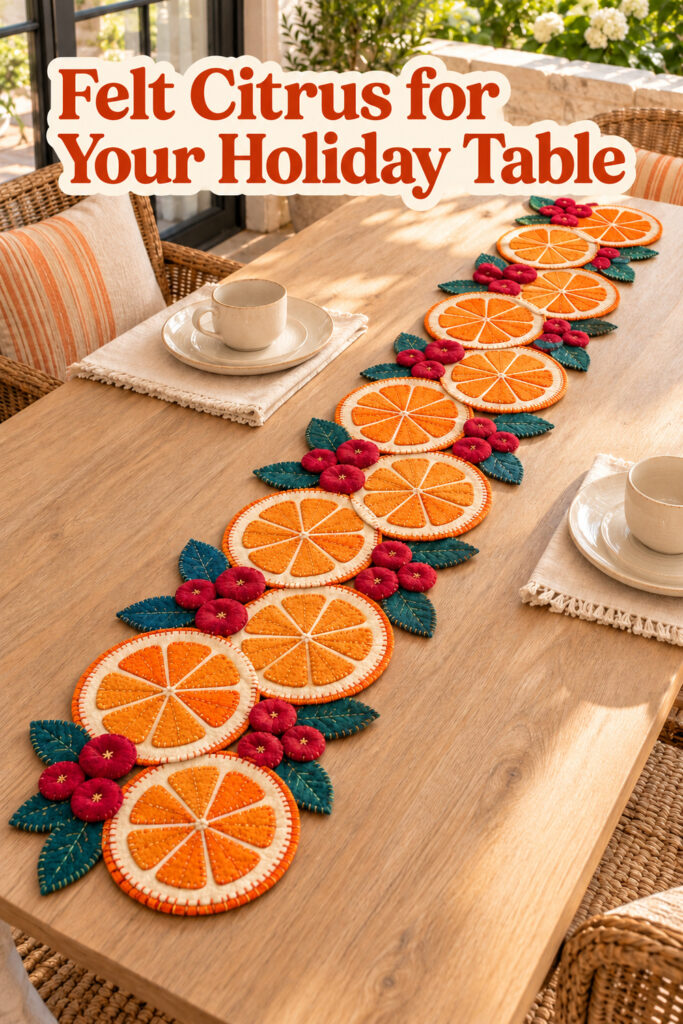 Stitched citrus table runner with orange rounds and berries below text Felt Citrus for Your Holiday Table
