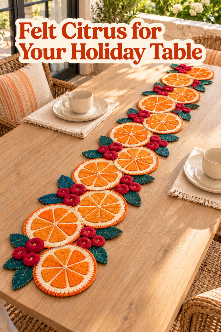 Stitched citrus table runner with orange rounds and berries below text Felt Citrus for Your Holiday Table