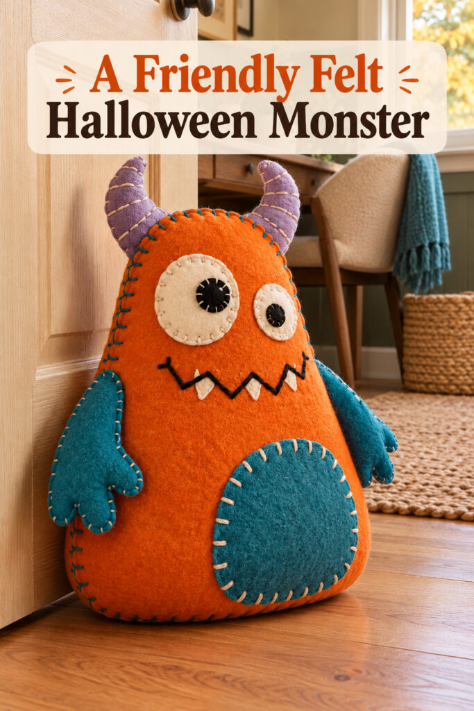 Felt monster doorstop beside an office door with text A Friendly Felt Halloween Monster