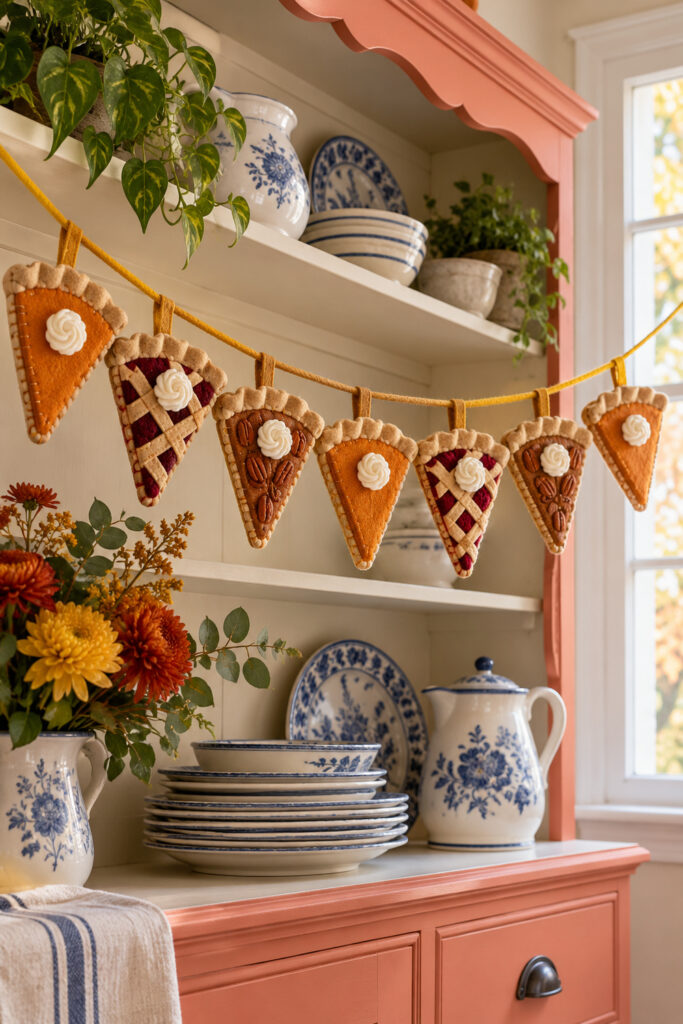 Felt pie slice bunting hanging across a cream and coral kitchen hutch with blue and white dishes
